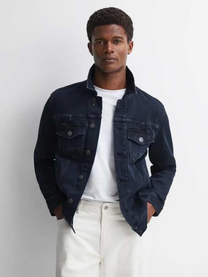Men Reiss Outerwear and Coats Denim Button Through Jacket Forrester Blue