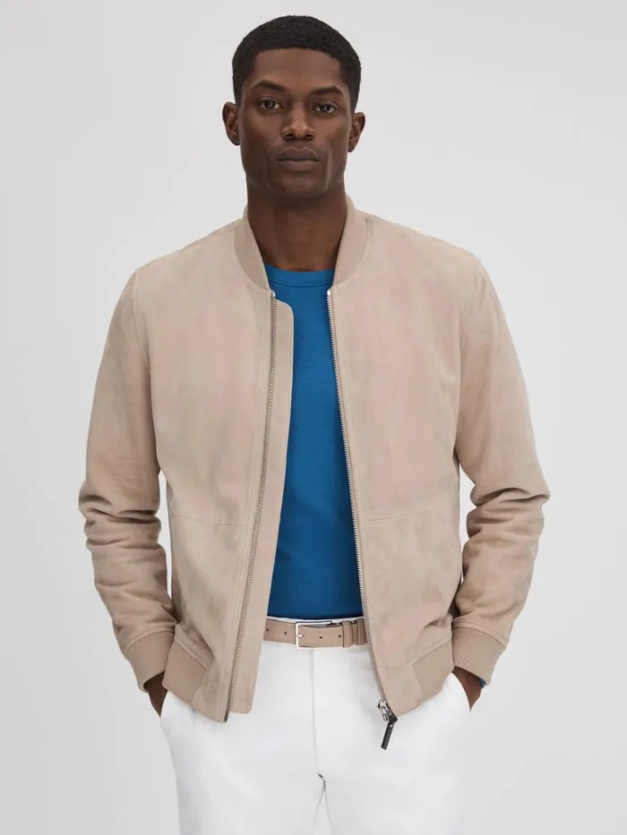 Men Reiss Outerwear and Coats Dilan Suede ZipThrough Bomber Jacket Stone