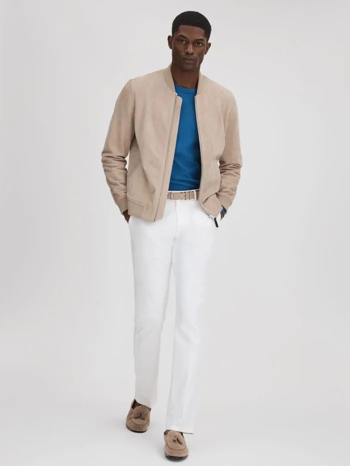 Men Reiss Outerwear and Coats Dilan Suede ZipThrough Bomber Jacket Stone