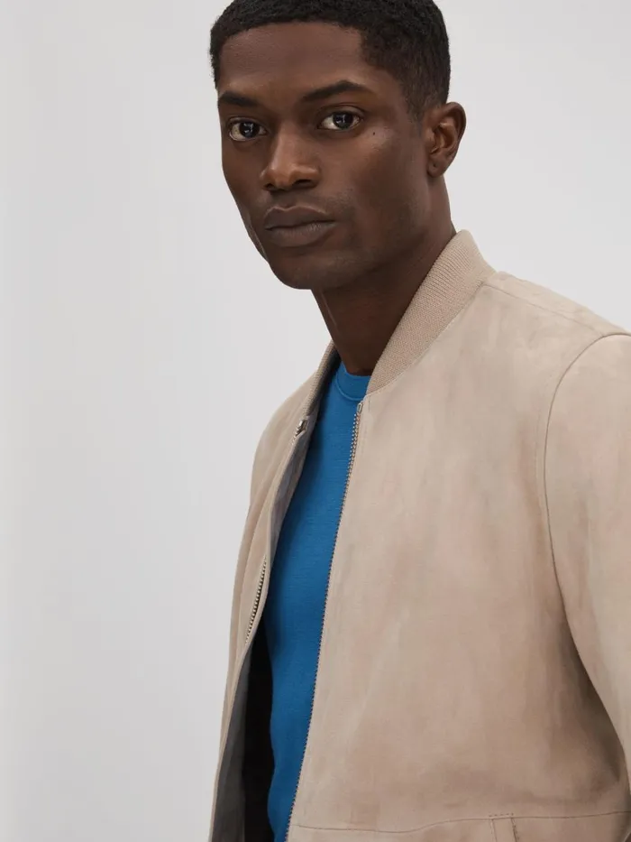 Men Reiss Outerwear and Coats Dilan Suede ZipThrough Bomber Jacket Stone