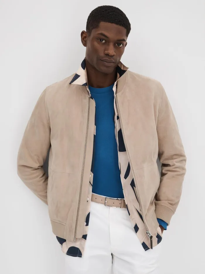 Men Reiss Outerwear and Coats Dilan Suede ZipThrough Bomber Jacket Stone