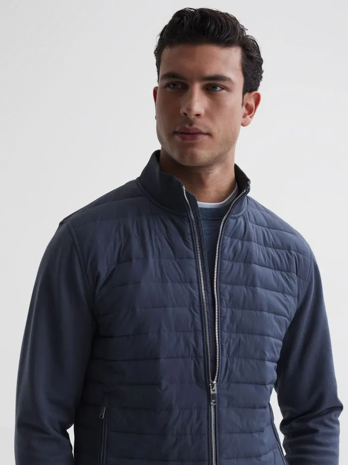 Men Reiss Outerwear and Coats Flintoff Hybrid Quilt And Knit ZipThrough Jacket Airforce Blue