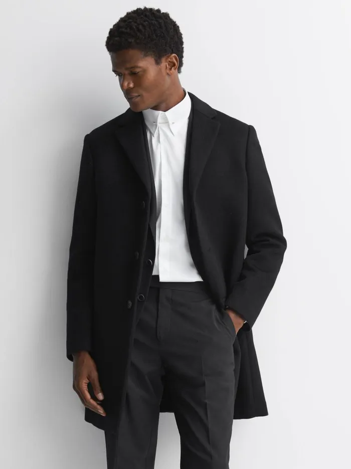 Men Reiss Outerwear and Coats Gable Wool Blend Single Breasted Epsom Overcoat Black Men Reiss Outerwear and Coats Gable Wool Blend Single Breasted Epsom Overcoat Black