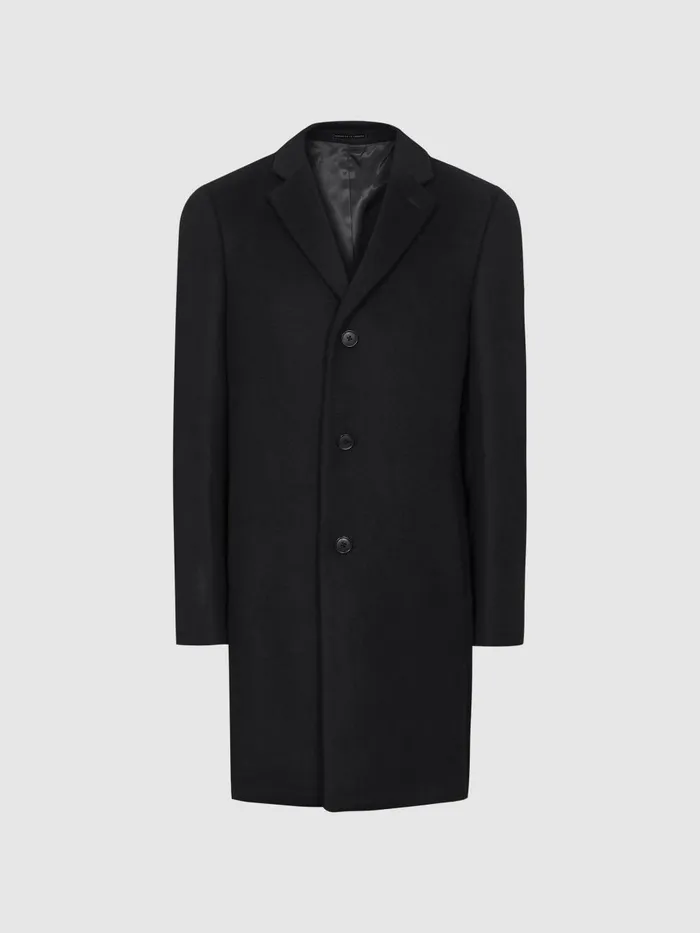 Men Reiss Outerwear and Coats Gable Wool Blend Single Breasted Epsom Overcoat Black
