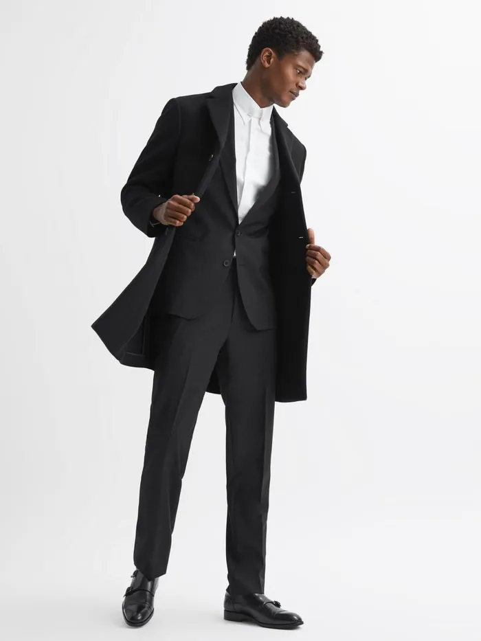 Men Reiss Outerwear and Coats Gable Wool Blend Single Breasted Epsom Overcoat Black