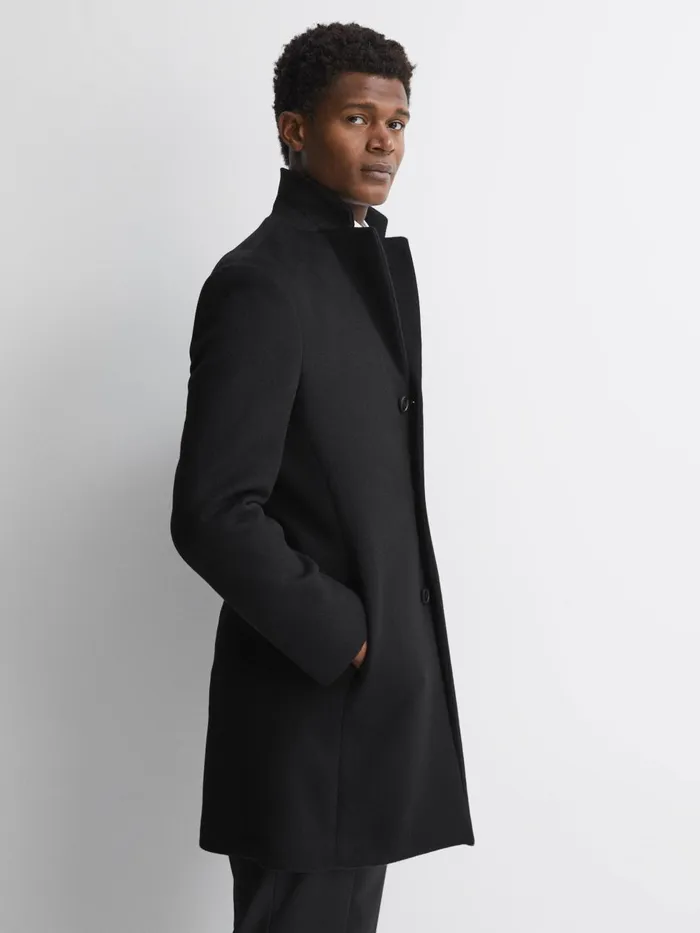 Men Reiss Outerwear and Coats Gable Wool Blend Single Breasted Epsom Overcoat Black