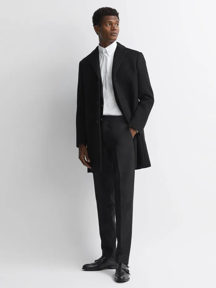 Men Reiss Outerwear and Coats Gable Wool Blend Single Breasted Epsom Overcoat Black