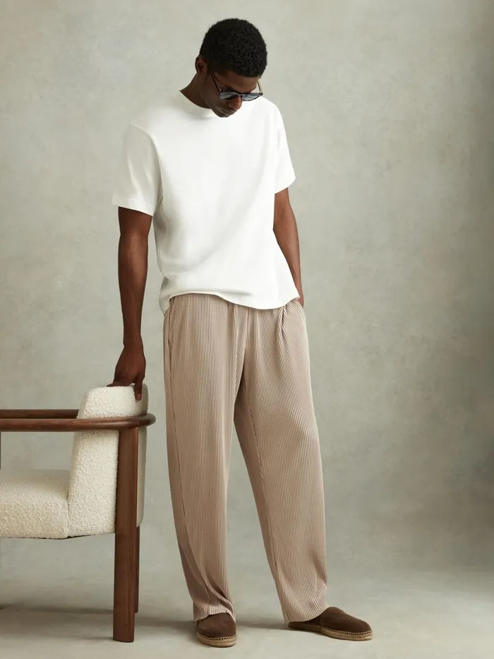 Men Reiss Pants Malin Elasticated Plisse Trousers Champagne
