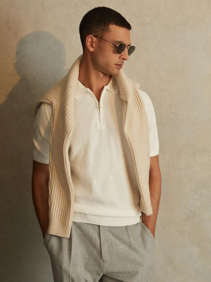 Men Reiss Polo Shirts Ivor Textured HalfZip Polo Shirt White