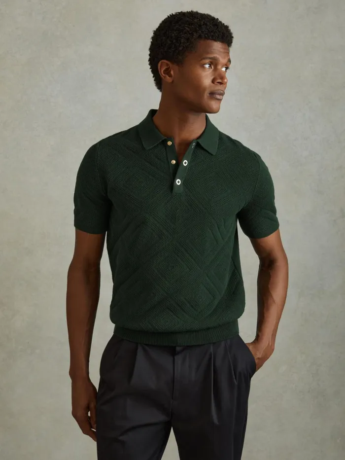 Men Reiss Polo Shirts Lupton Cotton Textured PressStud Polo Shirt Dark Green