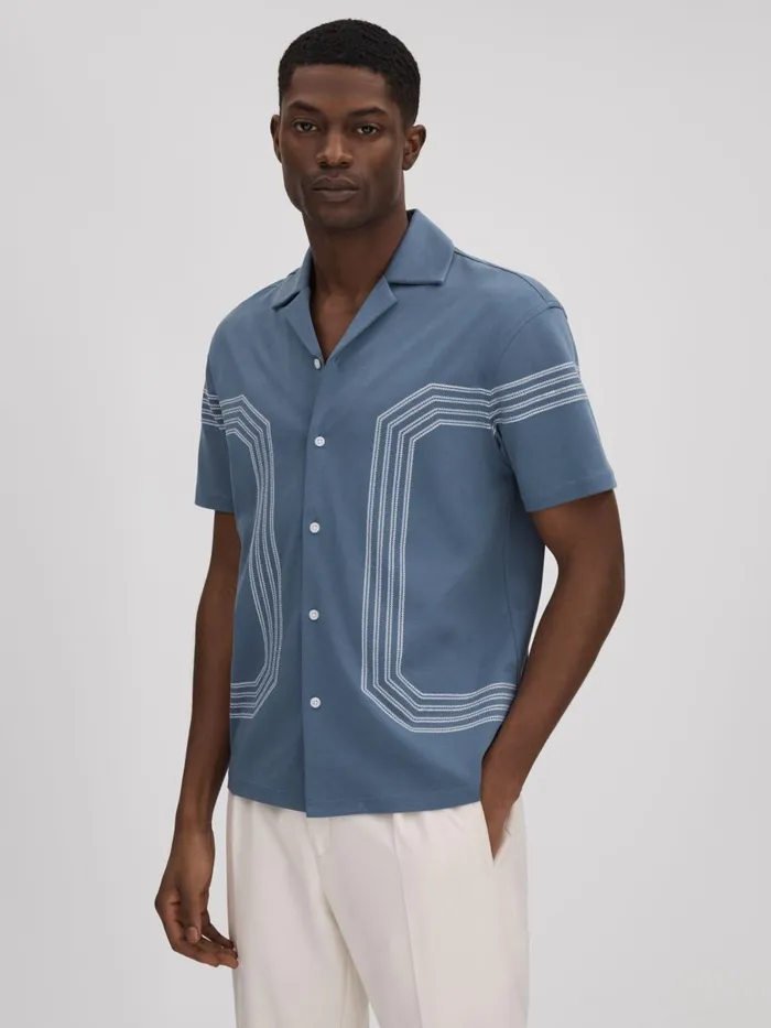 Men Reiss Shirts Arlington Mercerised Cotton Embroidered Shirt Airforce Blue