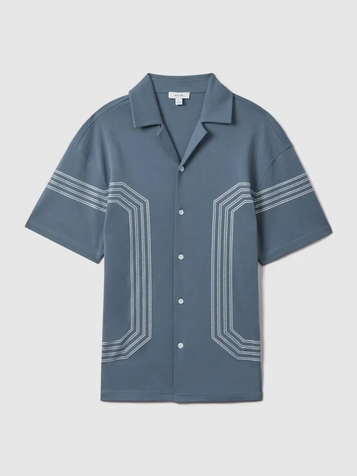 Men Reiss Shirts Arlington Mercerised Cotton Embroidered Shirt Airforce Blue