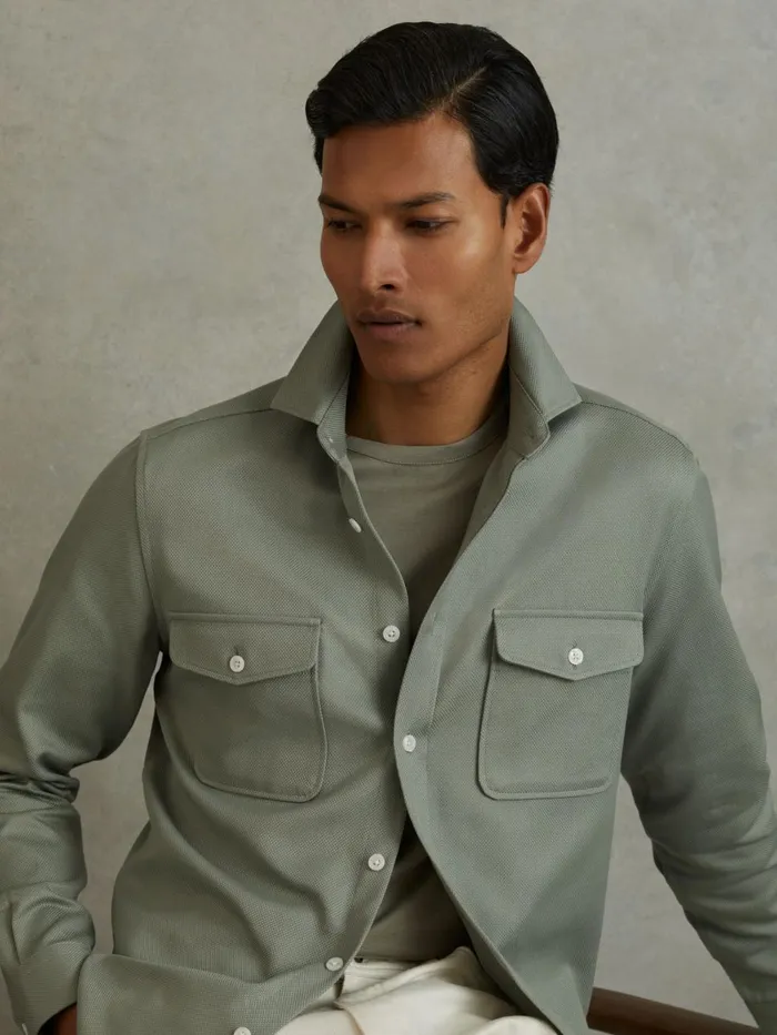 Men Reiss Shirts Arlo Cotton Canvas Overshirt Sage Green