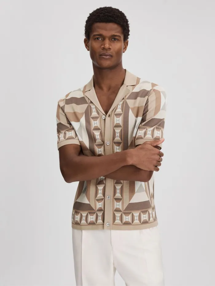 Men Reiss Shirts Beresford Knitted Cuban Collar Shirt Camel Multi