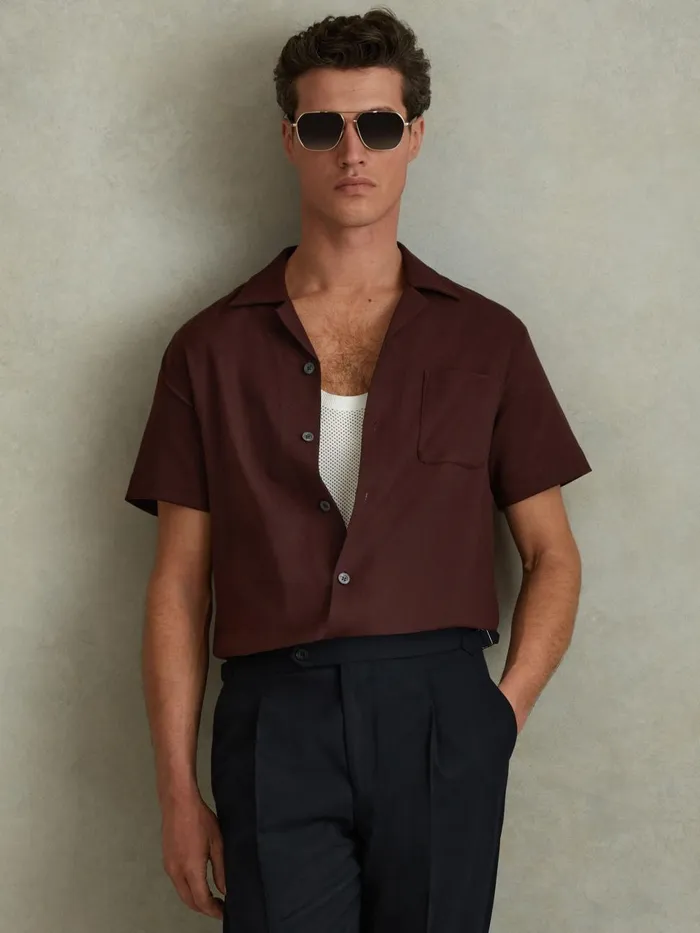 Men Reiss Shirts Nitus Herringbone Cuban Collar Shirt Tobacco