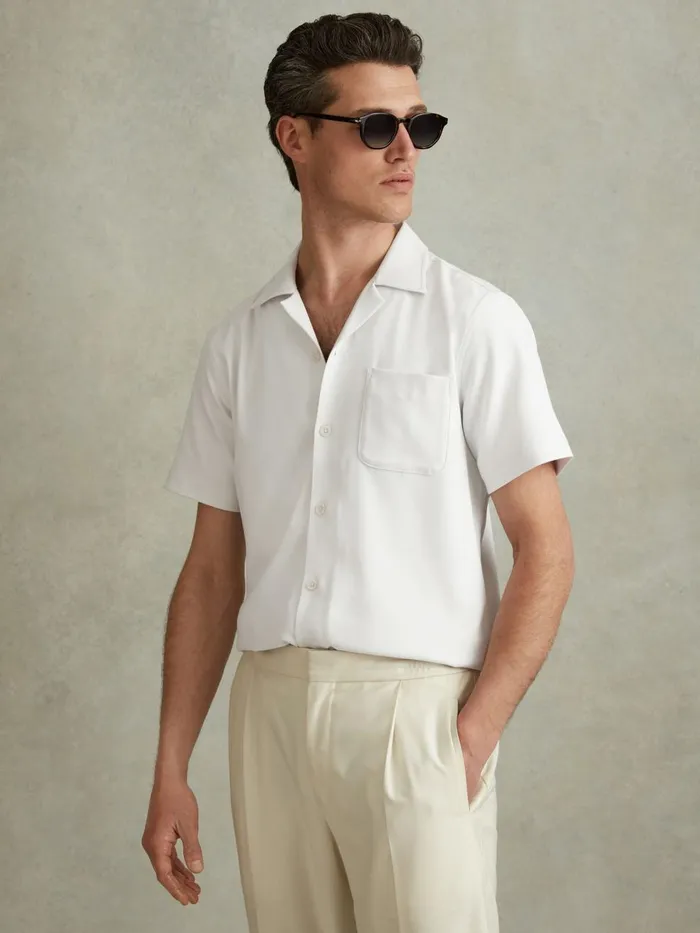 Men Reiss Shirts Nitus Herringbone Cuban Collar Shirt White