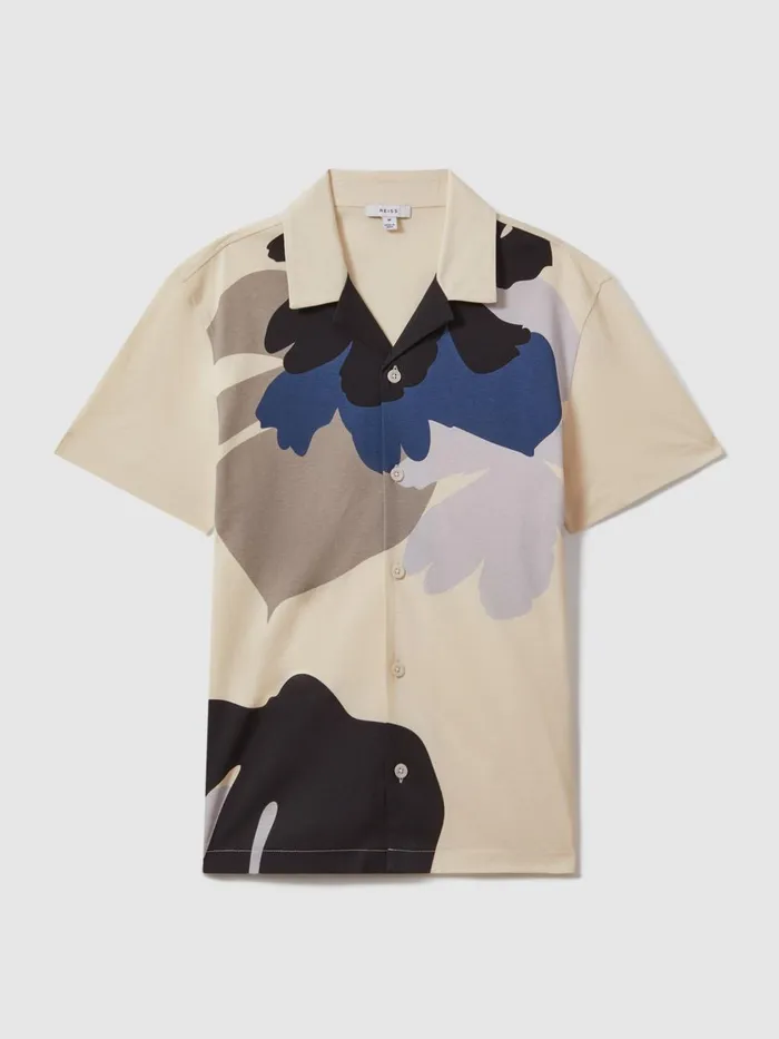 Men Reiss Shirts Parc Cotton Floral Print Cuban Collar Shirt Blue Multi