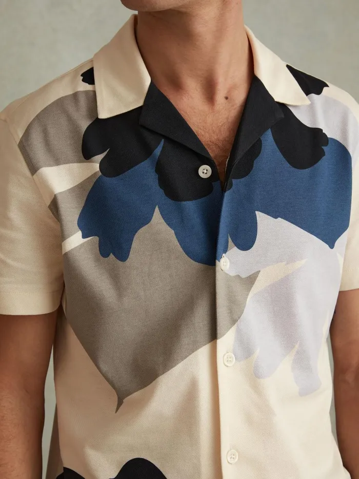 Men Reiss Shirts Parc Cotton Floral Print Cuban Collar Shirt Blue Multi