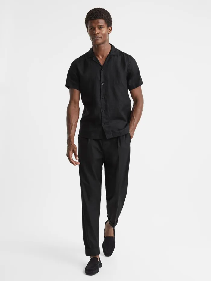 Men Reiss Shirts Rebel Slim Fit Linen Cuban Collar Shirt Black