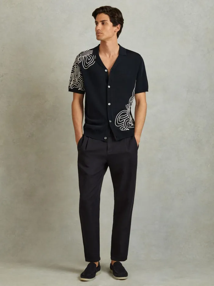 Men Reiss Shirts Romance Jersey Embroidered Cuban Collar Shirt Navy