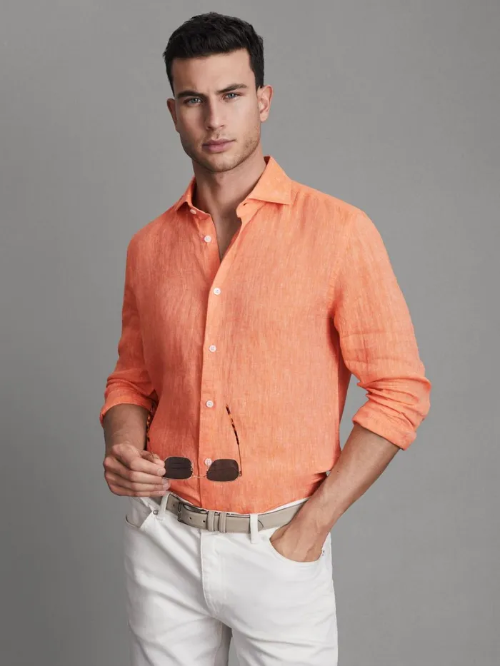 Men Reiss Shirts Ruban Linen Button Through Shirt Peach