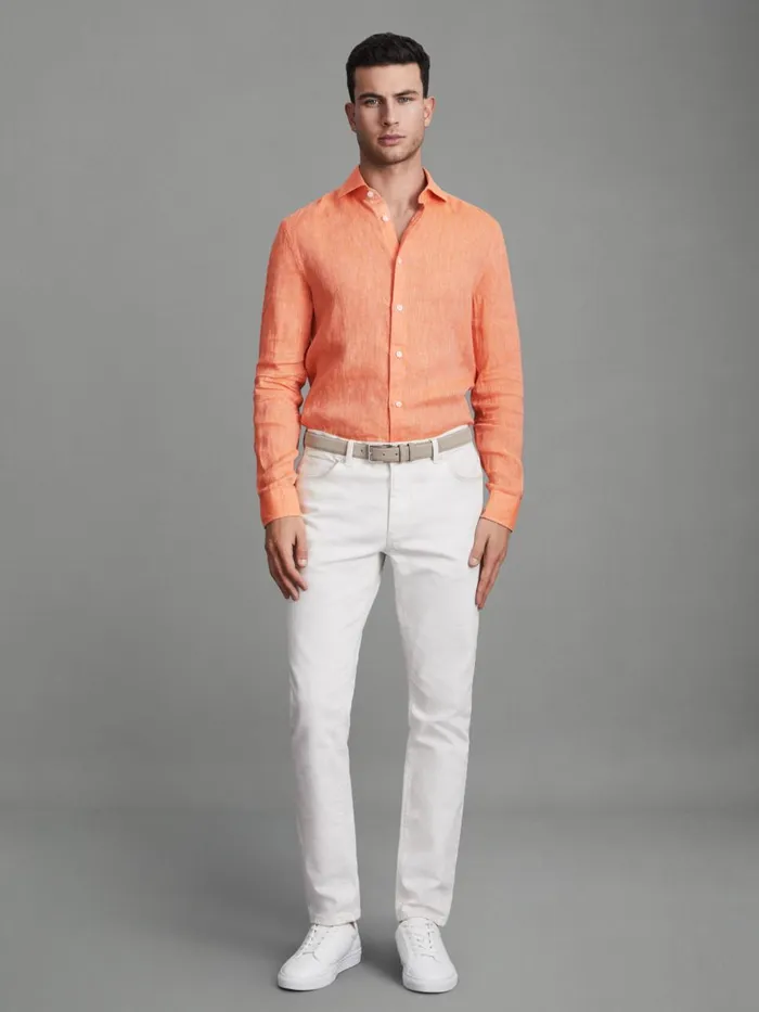 Men Reiss Shirts Ruban Linen Button Through Shirt Peach