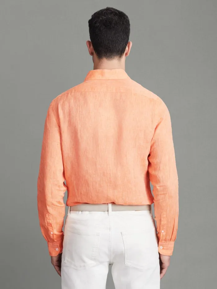 Men Reiss Shirts Ruban Linen Button Through Shirt Peach