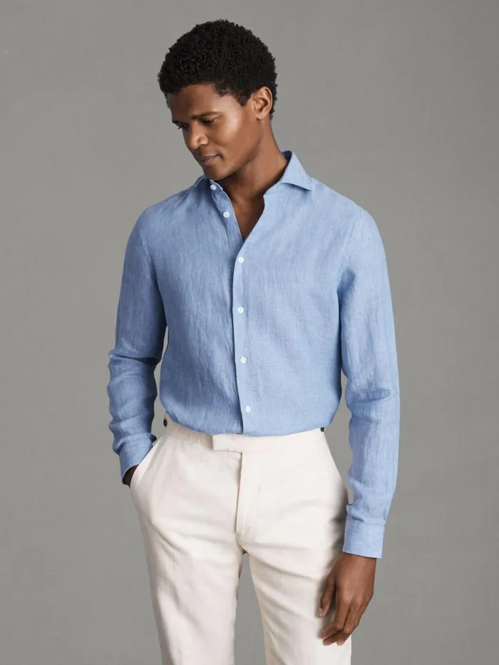 Men Reiss Shirts Ruban Linen Button Through Shirt Sky Blue