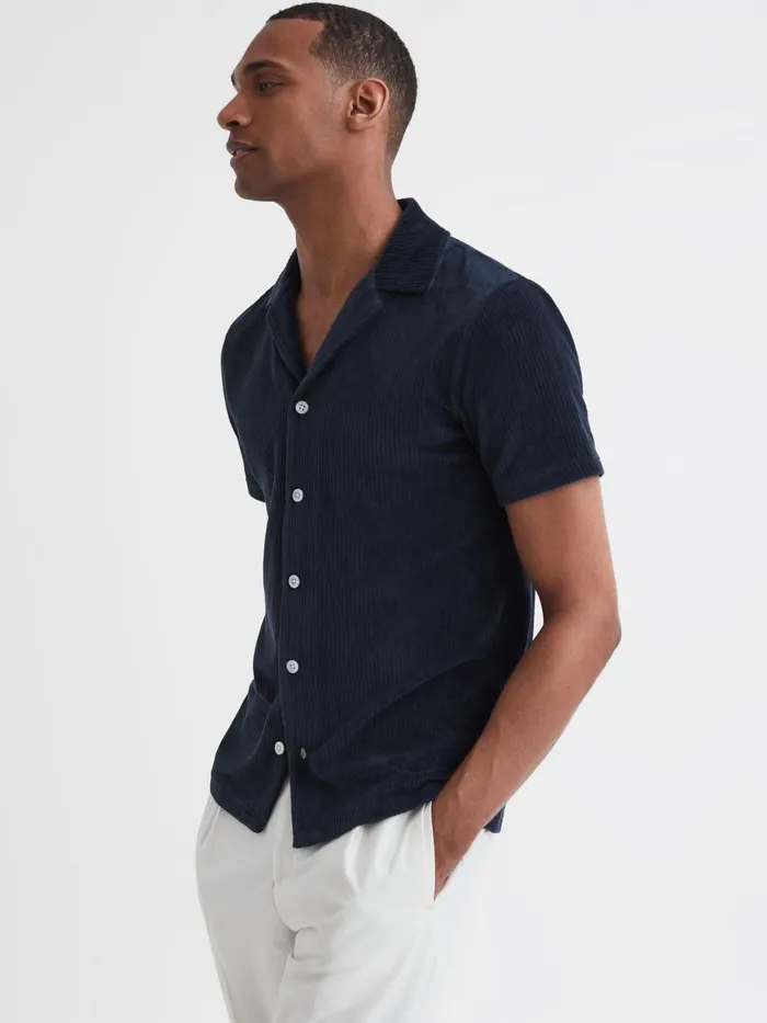 Men Reiss Shirts Santal Slim Fit Cuban Collar Textured Shirt Navy