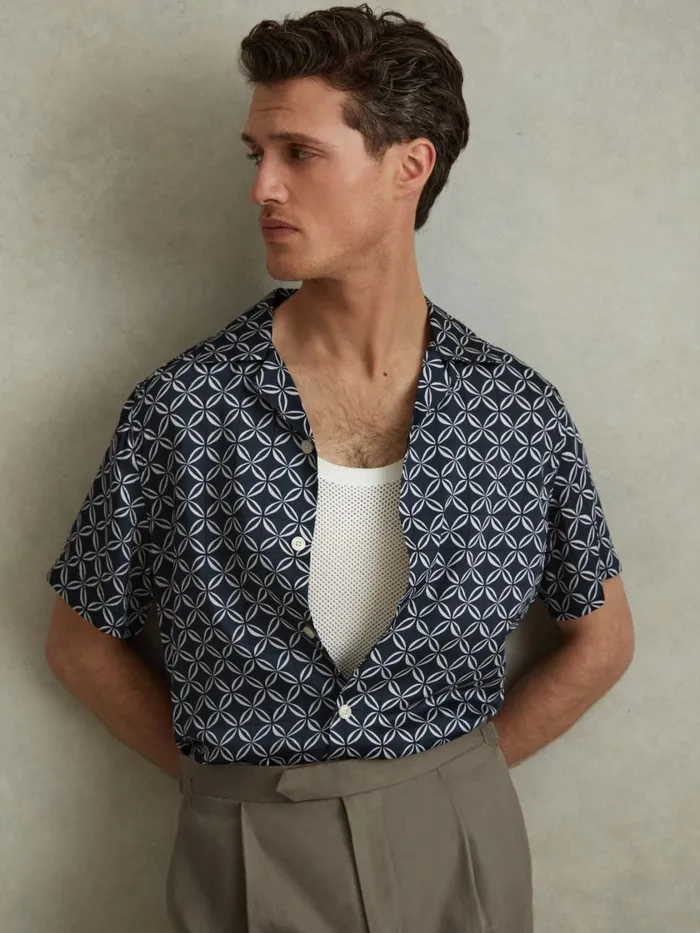 Men Reiss Shirts Tintipan Printed Cuban Collar Shirt Navywhite