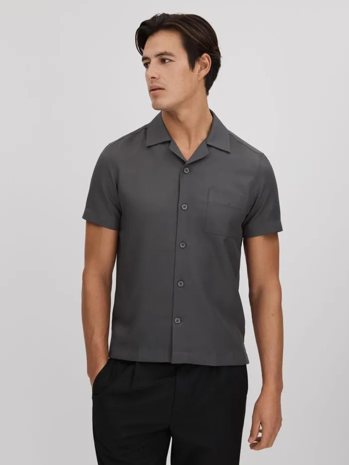 Men Reiss Shirts Tokyo Cuban Collar ButtonThrough Shirt Charcoal