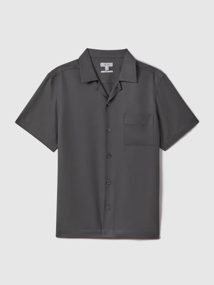 Men Reiss Shirts Tokyo Cuban Collar ButtonThrough Shirt Charcoal