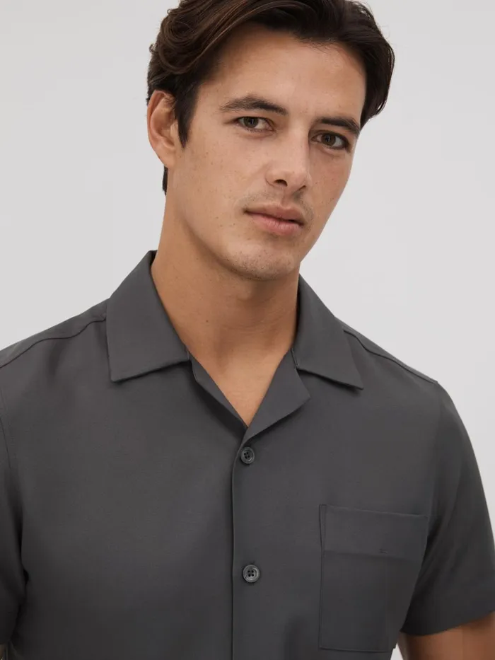 Men Reiss Shirts Tokyo Cuban Collar ButtonThrough Shirt Charcoal
