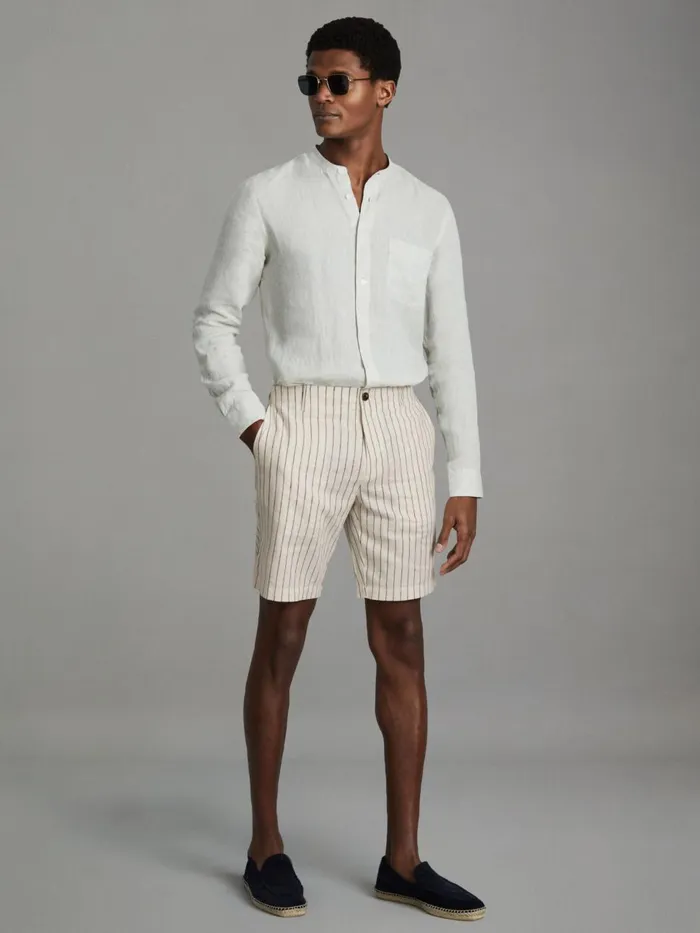 Men Reiss Shorts Ezra Cotton Blend Internal Drawstring Shorts Ecru Stripe