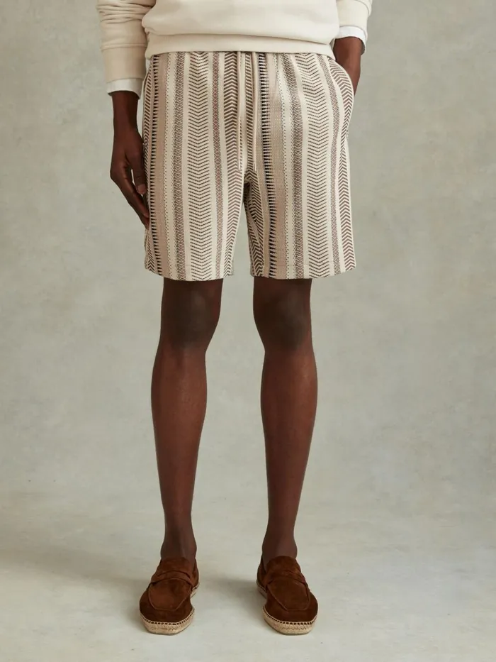 Men Reiss Shorts River Jacquard Aztec Drawstring Shorts Ecru Multi