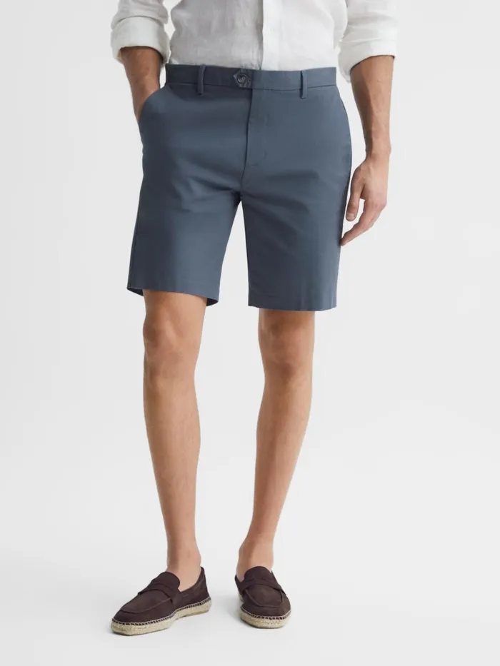Men Reiss Shorts Wicket Modern Fit Cotton Blend Chino Shorts Airforce Blue