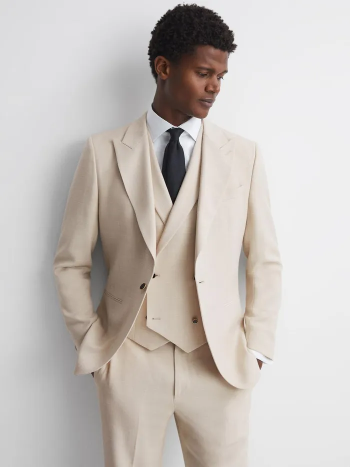 Men Reiss Suits and Tailoring Gatsby Slim Fit Textured Single Breasted Blazer Ivory