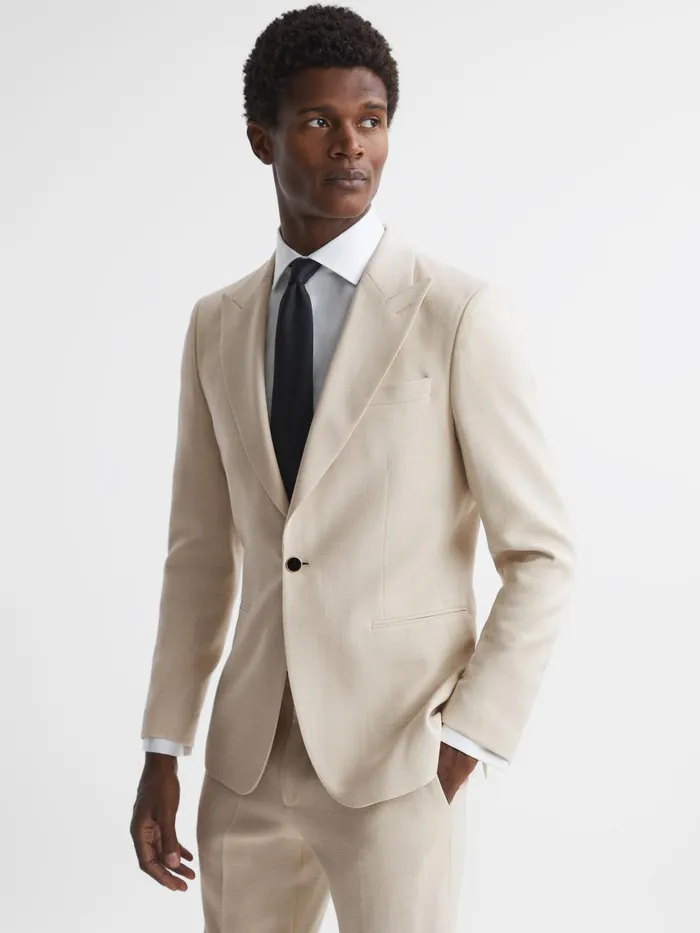Men Reiss Suits and Tailoring Gatsby Slim Fit Textured Single Breasted Blazer Ivory