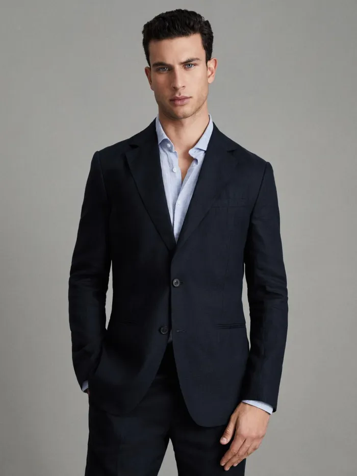 Men Reiss Suits and Tailoring Kin Slim Fit Single Breasted Linen Blazer Navy
