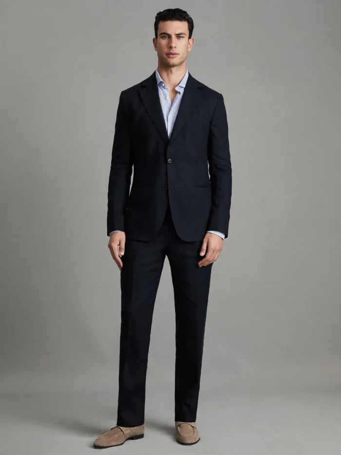 Men Reiss Suits and Tailoring Kin Slim Fit Single Breasted Linen Blazer Navy