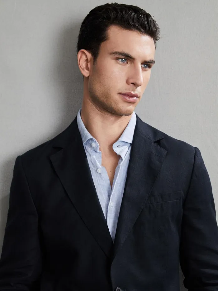 Men Reiss Suits and Tailoring Kin Slim Fit Single Breasted Linen Blazer Navy