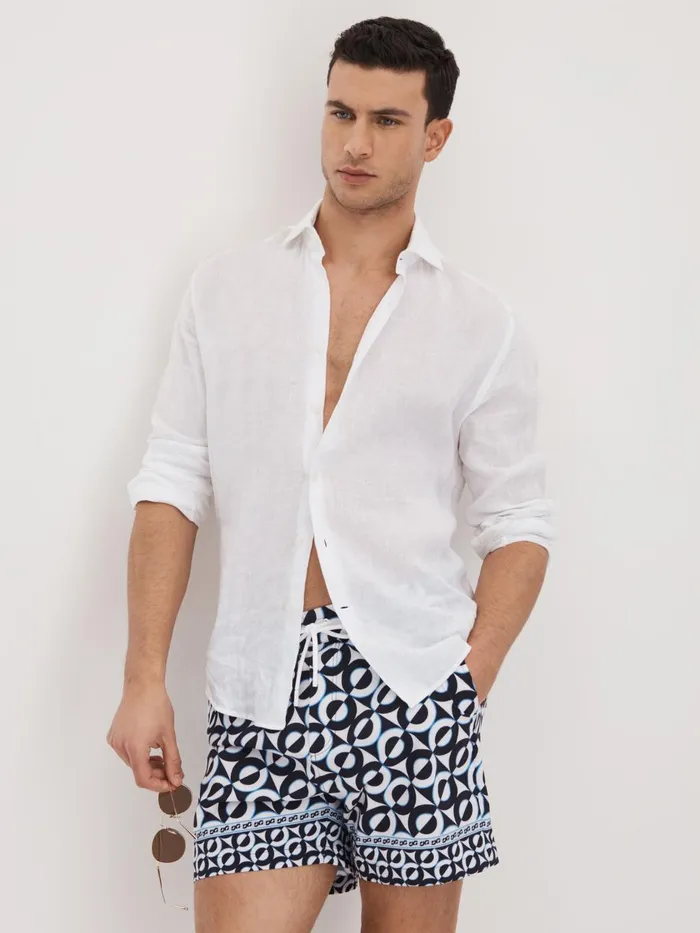 Men Reiss Swimwear Fitzroy Printed Drawstring Swim Shorts Lapis Blue