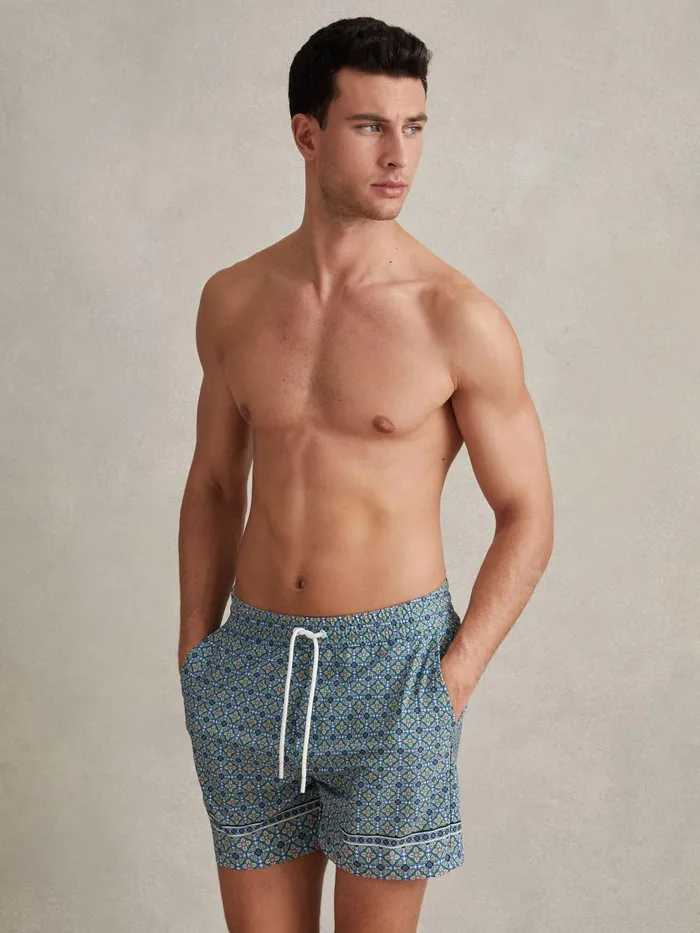 Men Reiss Swimwear Vizzini Tile Print Drawstring Swim Shorts Multi
