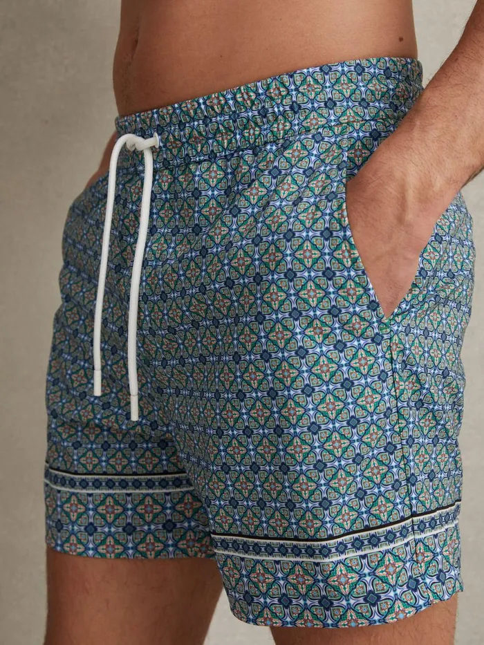 Men Reiss Swimwear Vizzini Tile Print Drawstring Swim Shorts Multi