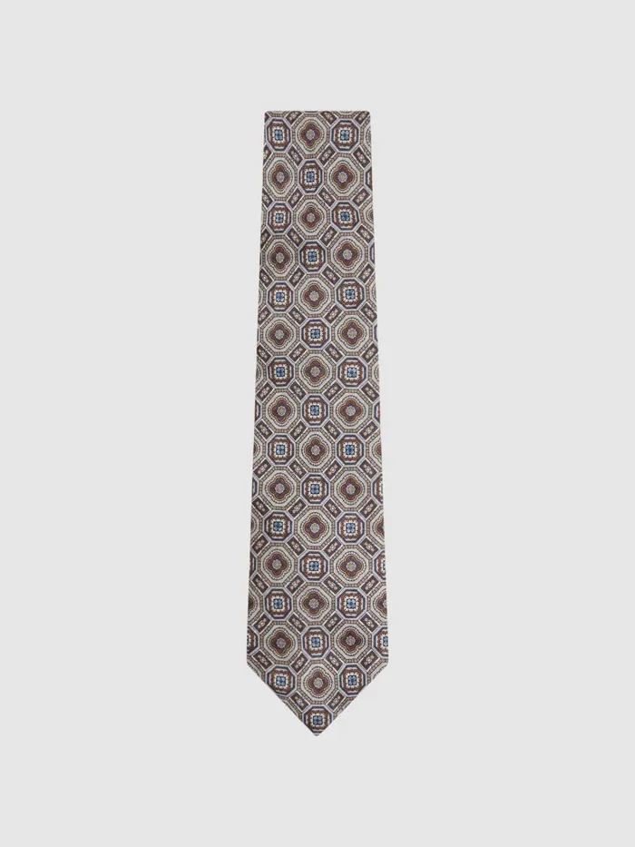 Men Reiss Ties and Pocket Squares Assisi Silk Medallion Print Tie Grey Multi