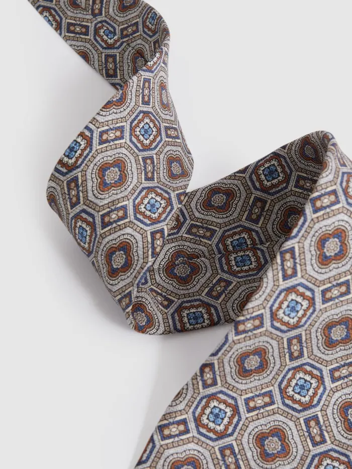 Men Reiss Ties and Pocket Squares Assisi Silk Medallion Print Tie Grey Multi