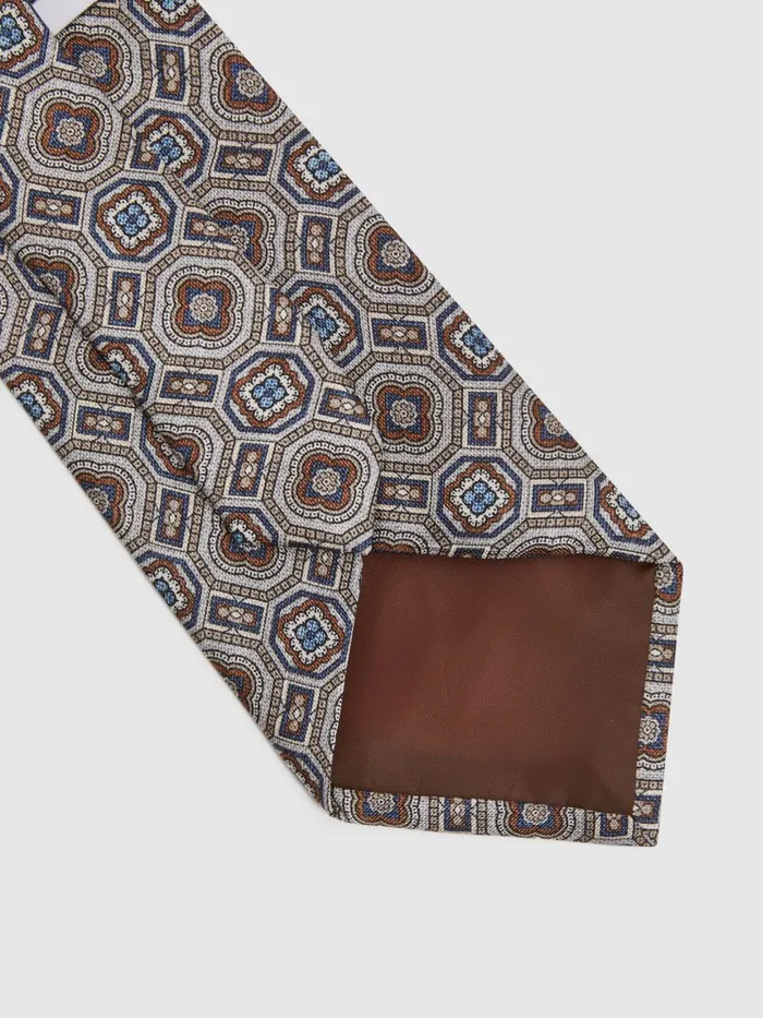 Men Reiss Ties and Pocket Squares Assisi Silk Medallion Print Tie Grey Multi