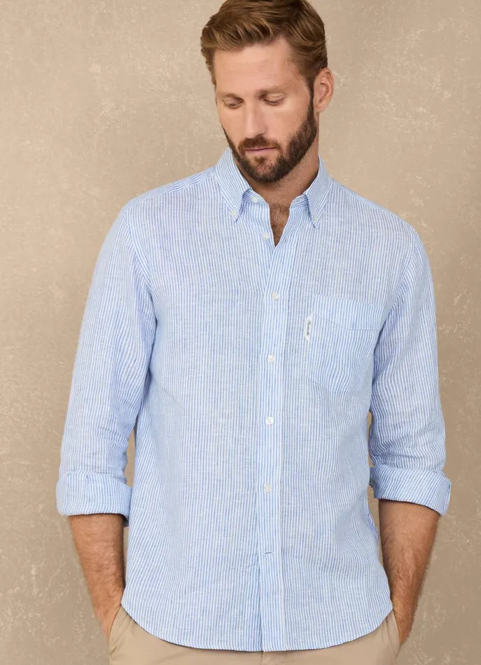 Men Shirts Faonnable Regular Fit Bengal Striped Linen Shirt Naval Blue