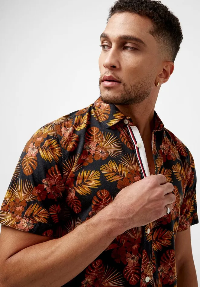 Men Short Sleeves Slim Simad Print Shirt Dusty Orange Buffalo David Bitton Shirts