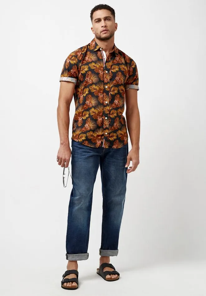 Men Short Sleeves Slim Simad Print Shirt Dusty Orange Buffalo David Bitton Shirts